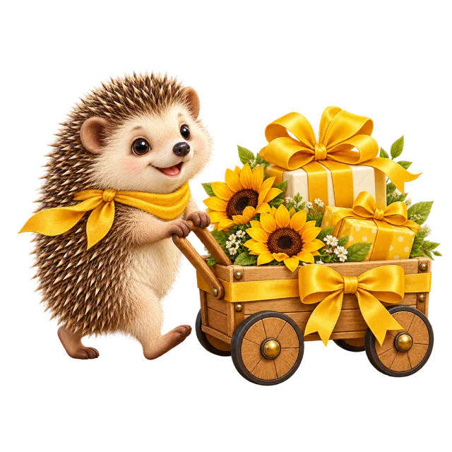 Hedgehog pushing a yellow wagon filled with gifts and sunflowers