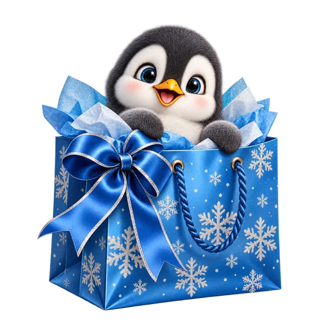 Penguin chick peeking out of a blue gift bag
