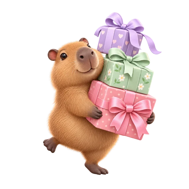 Capybara carrying three stacked pastel parcels