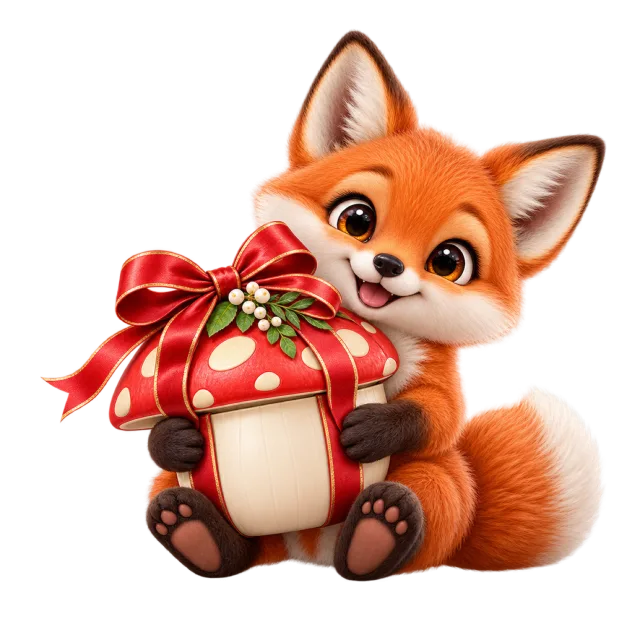 Fox cub holding a red mushroom-shaped gift box