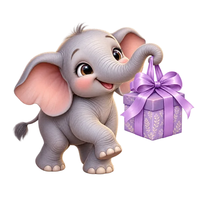 Baby elephant lifting a lavender gift with its trunk