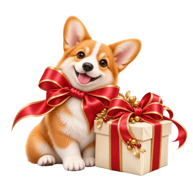 Corgi wearing a large red bow beside a cream gift box