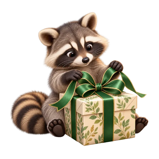 Raccoon tying a green bow on a patterned present