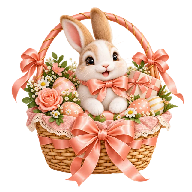 Bunny sitting inside a peach-ribboned flower basket
