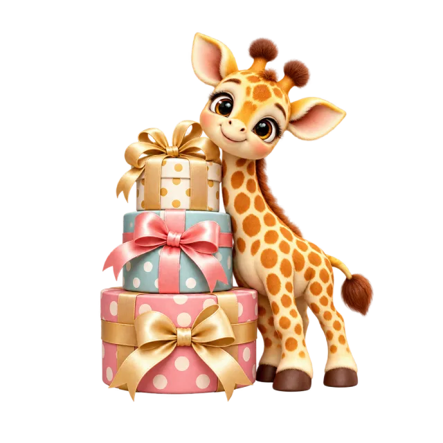 Baby giraffe beside a tower of colorful gift boxes