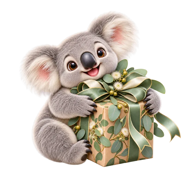 Koala hugging a green botanical-patterned present