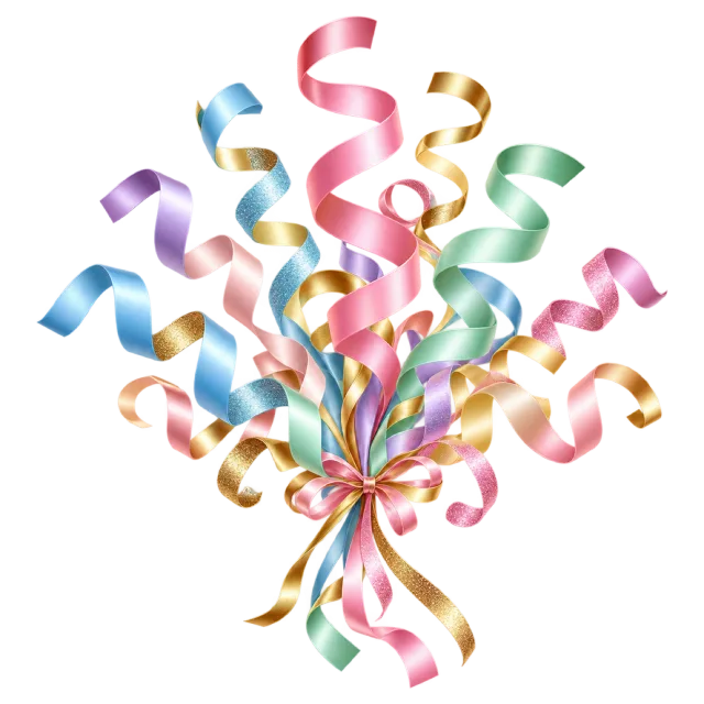 A bundle of pink, blue, yellow and mint ribbons curling above a small bow