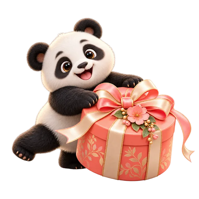 Panda holding a coral round gift box