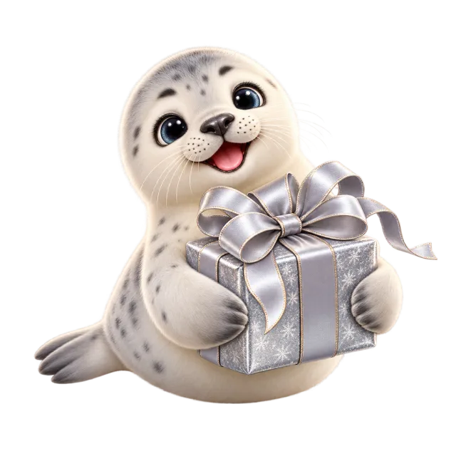 Seal pup holding a silver-colored ribboned parcel