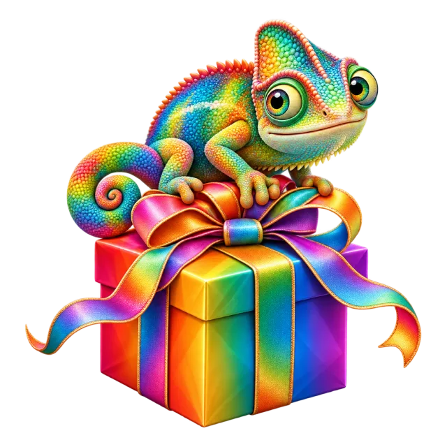 Colorful chameleon perched on a rainbow gift box