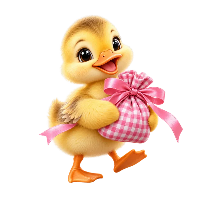 Duckling carrying a small pink gingham pouch