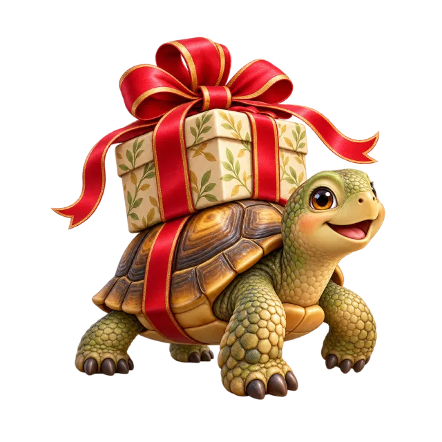Tortoise carrying a red-ribboned present on its shell