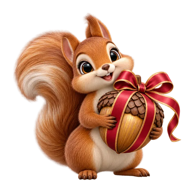 Squirrel holding an acorn-shaped gift box