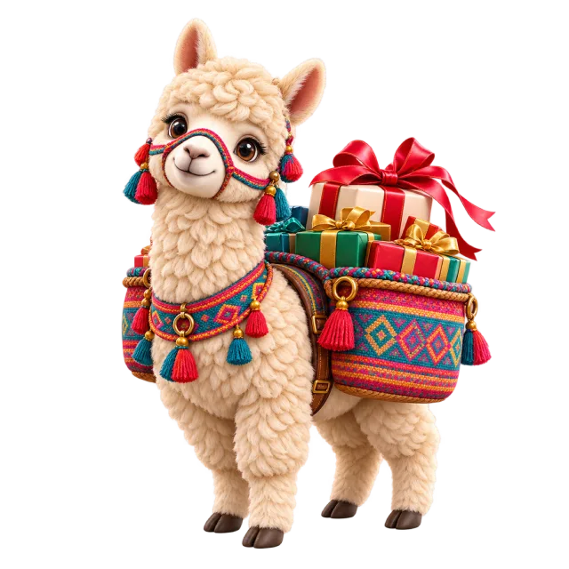 Fluffy alpaca with colorful gift-filled side baskets