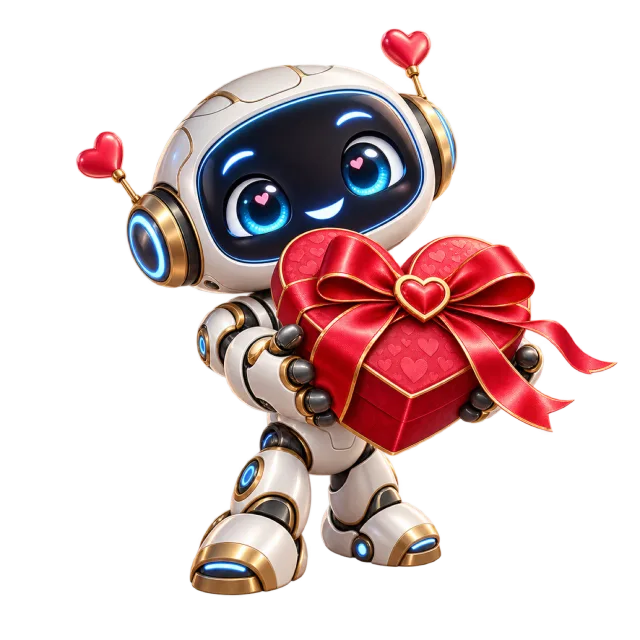 Small smiling robot holding a red heart-shaped box