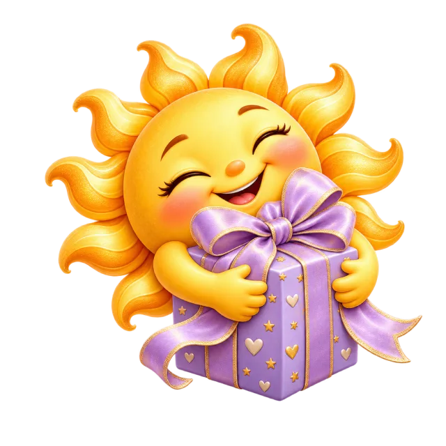 Smiling sun character hugging a lilac present