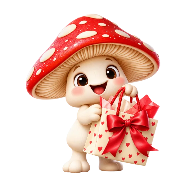 Friendly red-capped mushroom character holding a gift bag