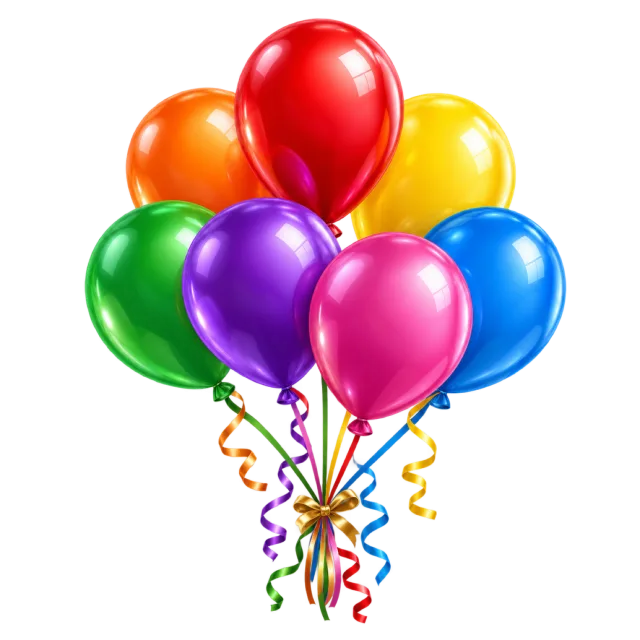 A cluster of colorful round balloons with matching curling ribbon strings
