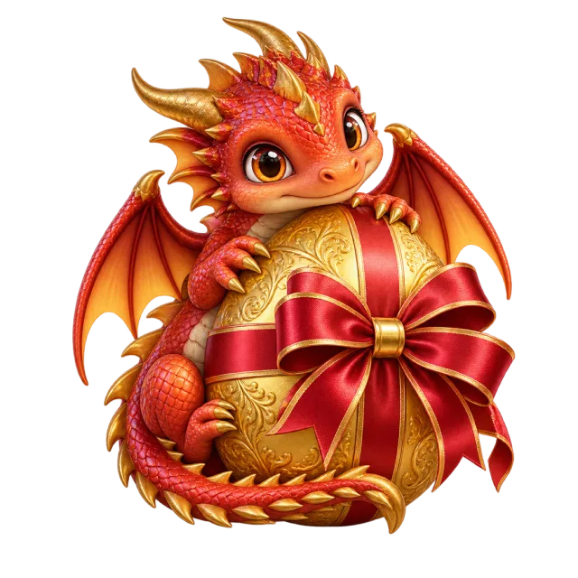 Small orange dragon curled around a golden gift egg