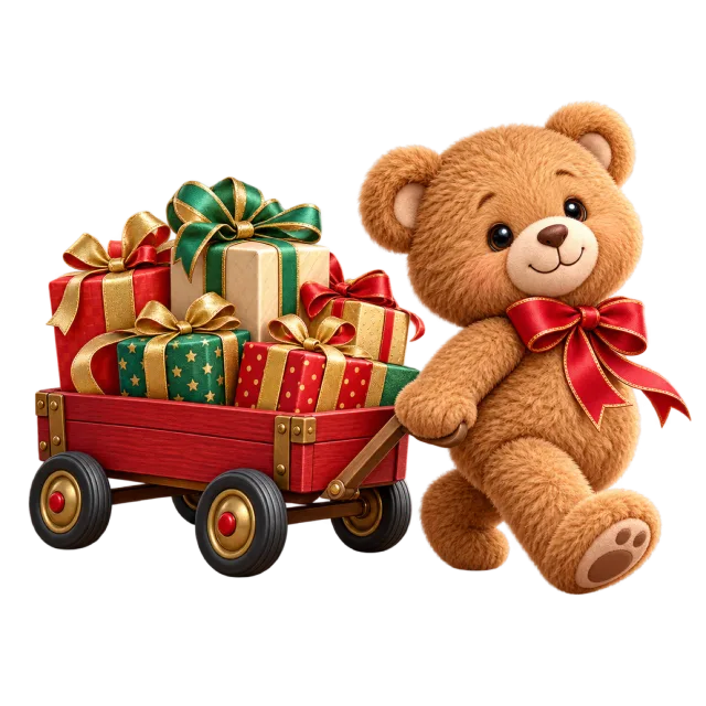 Teddy bear pulling a red wagon filled with presents