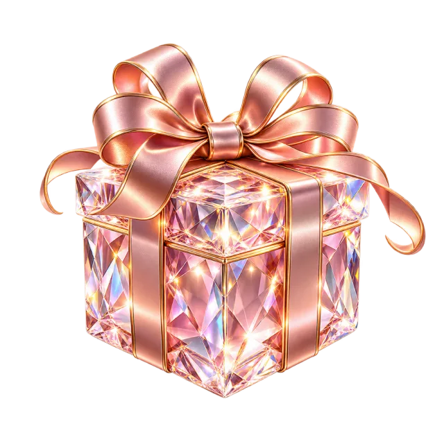 Clear faceted gift box with a rose-gold-colored bow