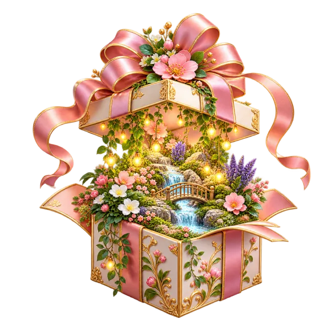 Open gift parcel revealing a miniature flower garden