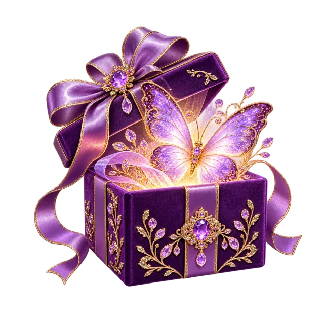 Glowing butterfly emerging from a violet gift box
