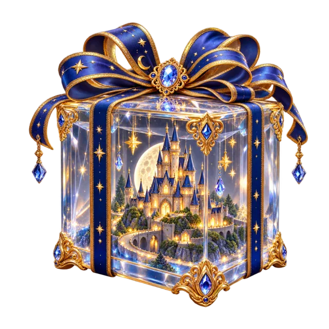 Clear blue gift cube enclosing a tiny illuminated castle