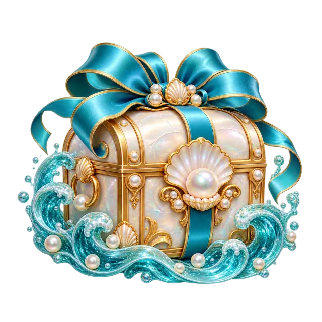 Cream treasure chest surrounded by curling turquoise waves