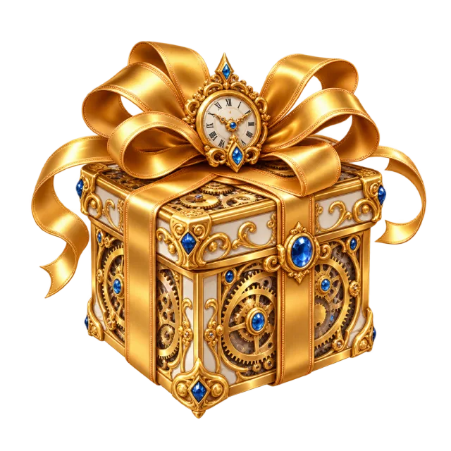 Golden gift box with gears, clockwork details and a ribbon