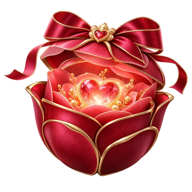 Rose-petal-shaped box opening around a glowing heart