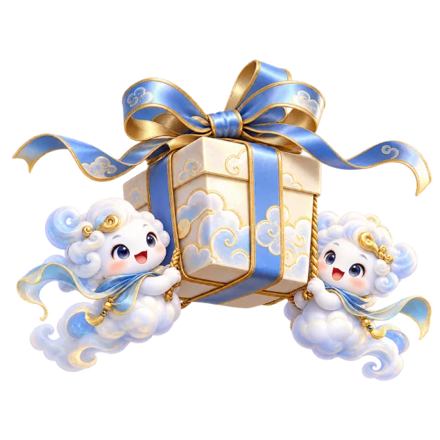 Two small cloud characters carrying a blue and cream present