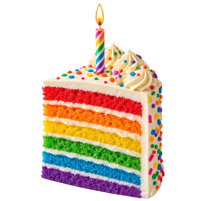 A slice of rainbow sponge cake topped with white frosting, sprinkles and a lit candle