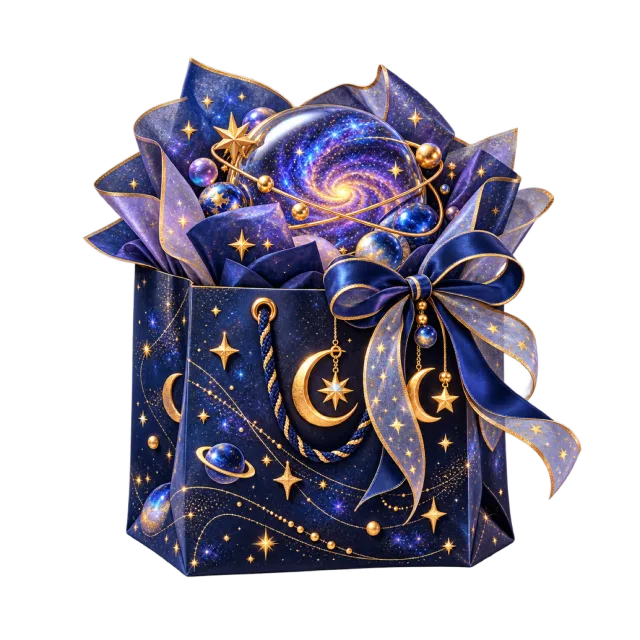 Navy celestial gift bag with a swirling miniature galaxy