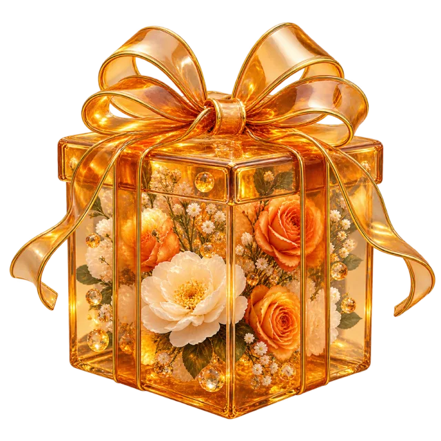 Transparent amber-colored gift box enclosing pale flowers