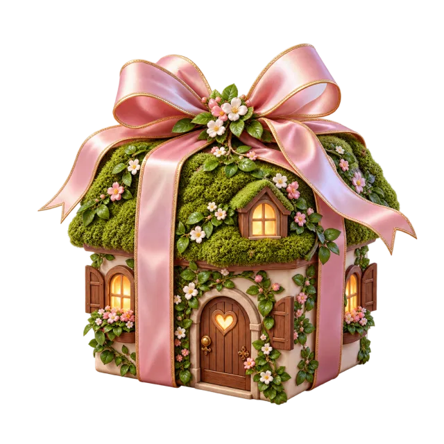 Small moss-roofed cottage gift box tied with a pink ribbon