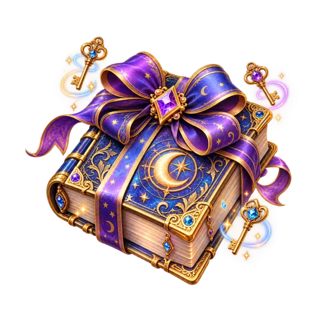 Ornate purple book gift with ribbon and small floating keys
