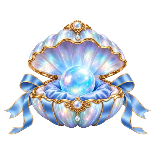 Iridescent shell box holding a glowing blue pearl-like orb