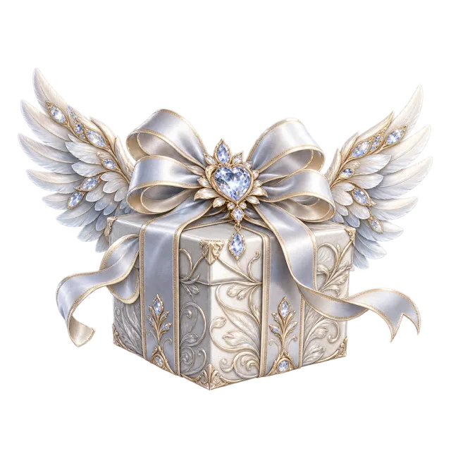 Silver-colored gift parcel with decorative feathered wings