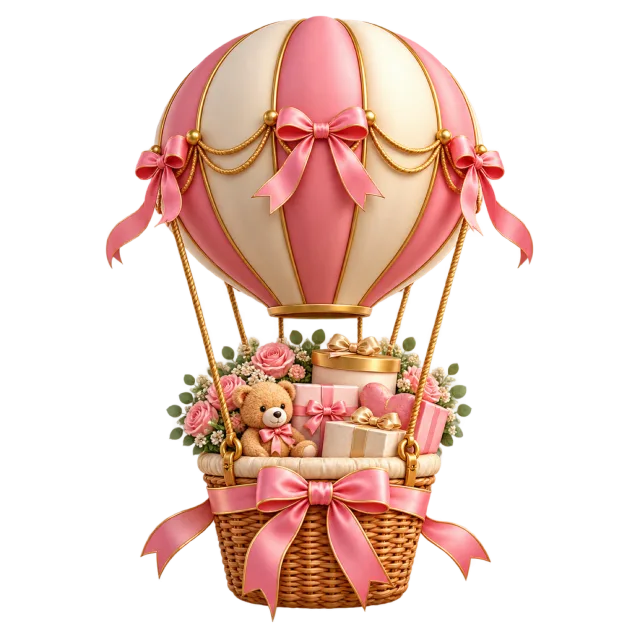Pink hot air balloon carrying a basket of small gifts