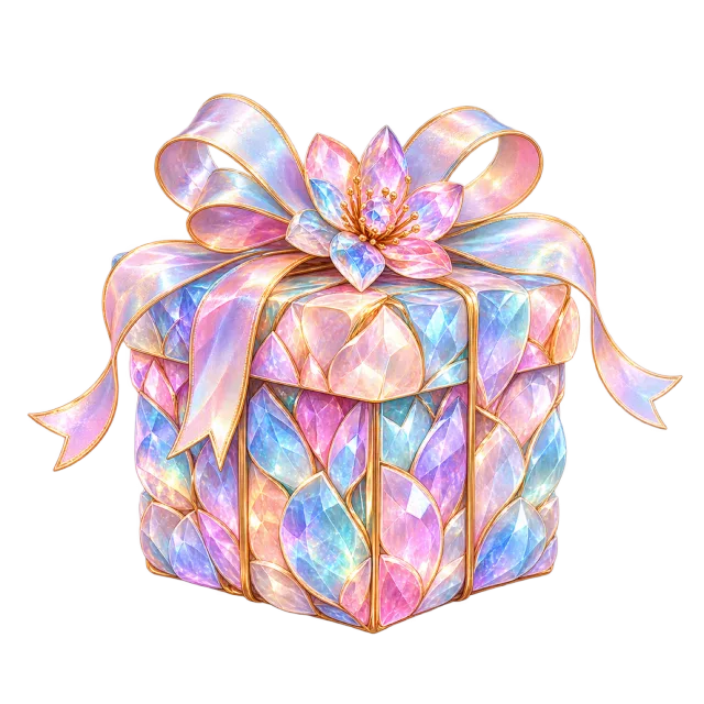 Pastel iridescent faceted box with layered petal-like decorations