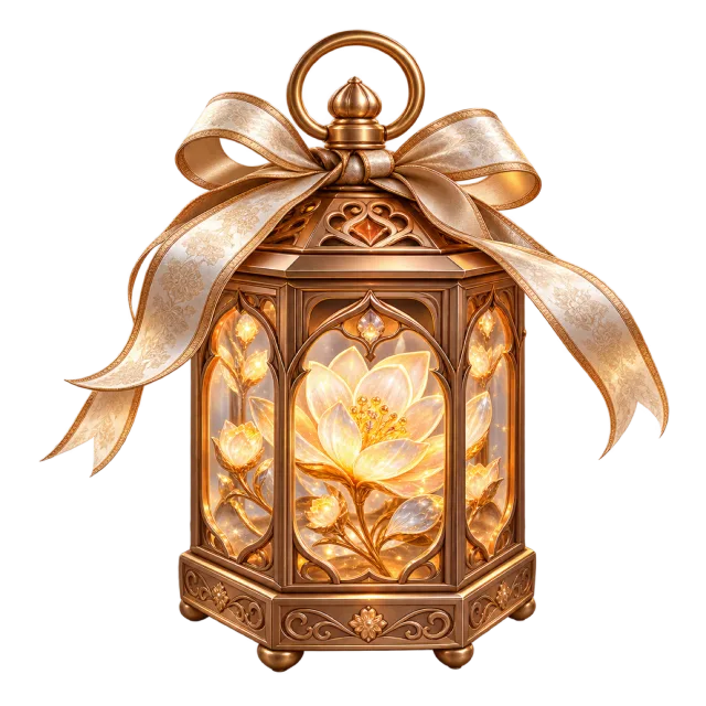 Bronze-colored lantern box enclosing a glowing flower