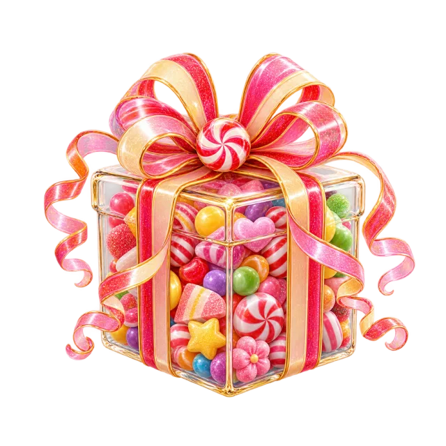 Pink candy-filled gift box with curling striped ribbons