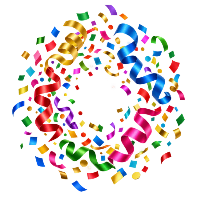 A loose circular frame of bright confetti pieces and curling ribbons