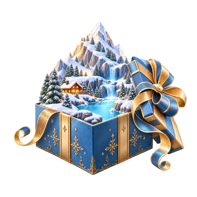 Snowy mountain scene emerging from an open blue gift box