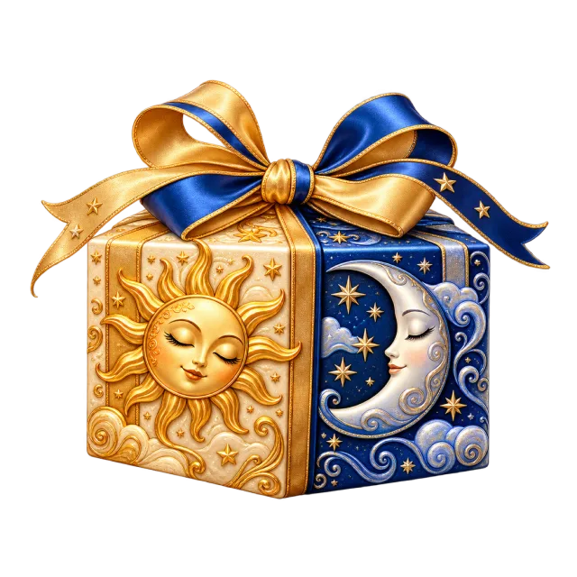 Golden sun and navy moon gift boxes sharing a satin-style bow