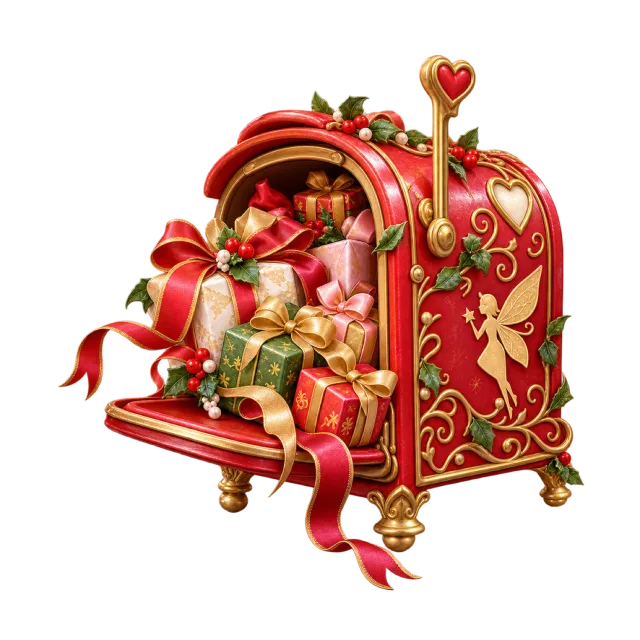 Small red fairy postbox overflowing with ribboned presents