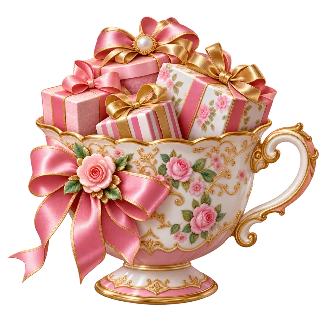 Large floral teacup filled with miniature pink gifts