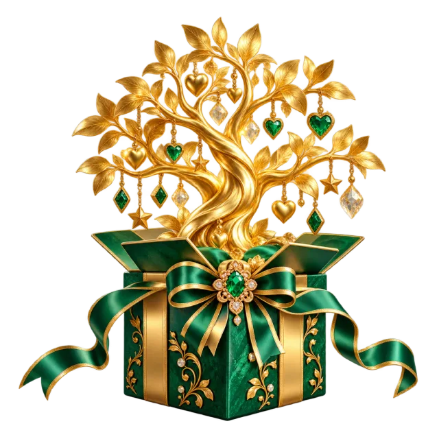 Golden ornamental tree growing from an emerald box