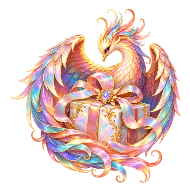 Iridescent phoenix curling around a pastel gift parcel